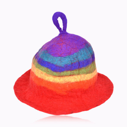 Rainbow Felted Sauna Hat – Colourful Handmade Wool Hat from Jaguar Dream