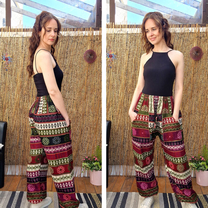 Burgundy & Green – Boho Pocket Trousers - Image 2