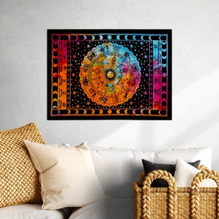 Colourful zodiac wheel cotton wall hanging featuring twelve astrological signs