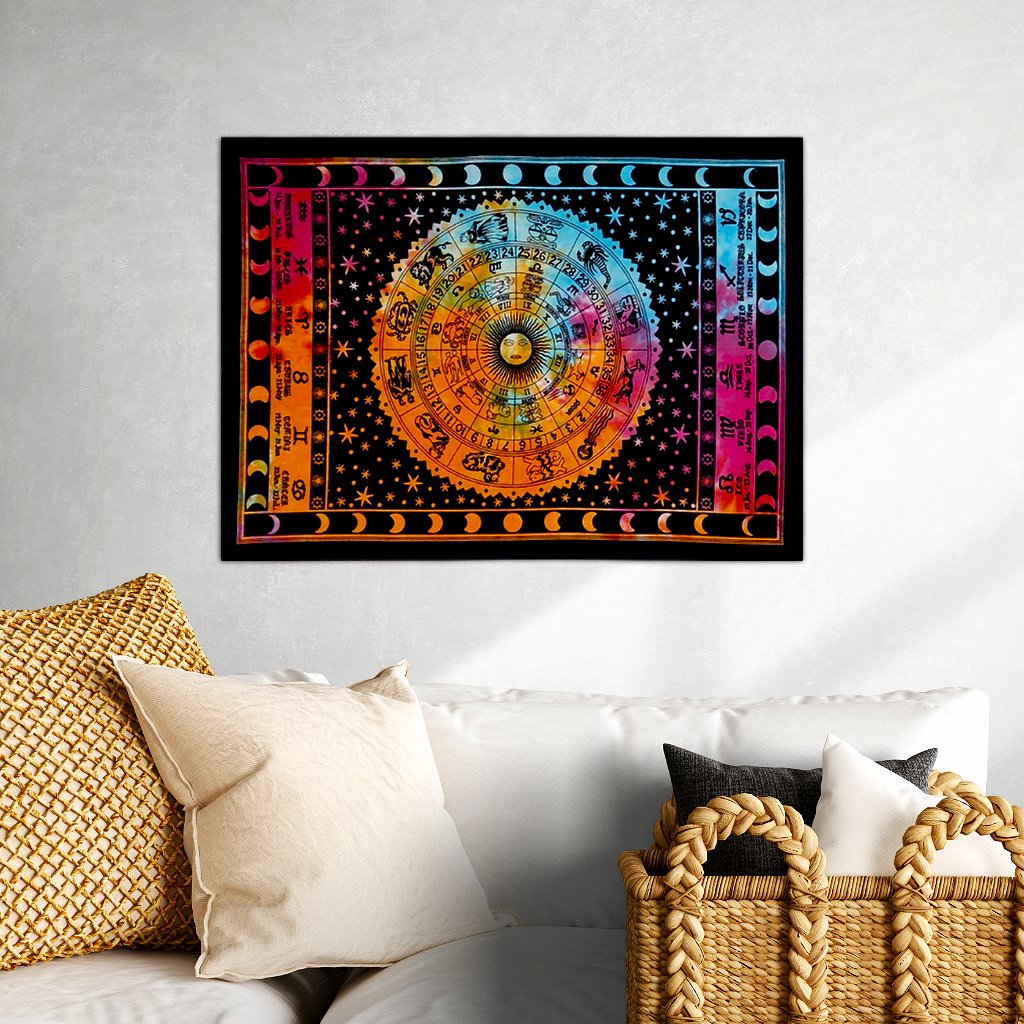 Zodiac Wheel – Astrology Wall Hanging Colourful zodiac wheel cotton wall hanging featuring twelve astrological signs