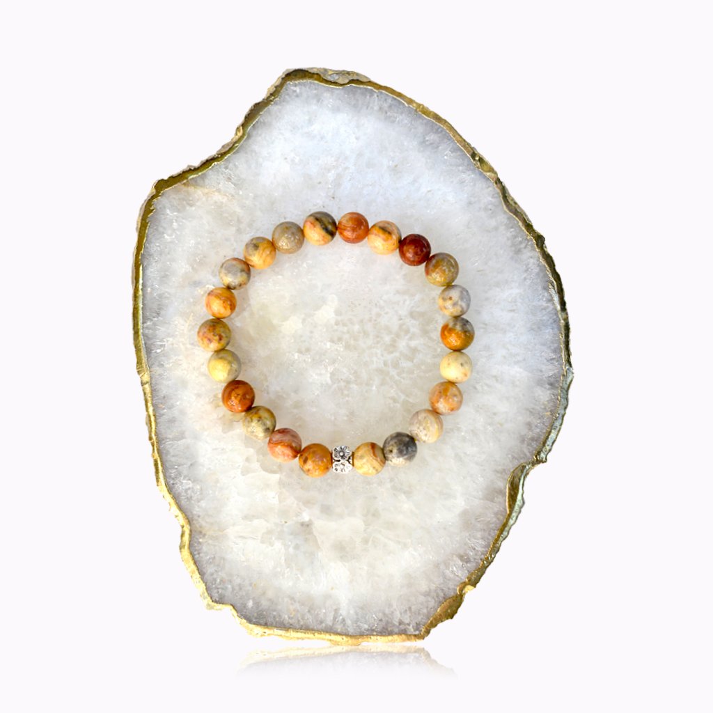 Crazy Lace Agate Flower Bracelet Crazy Lace Agate bracelet with silver flower detail
