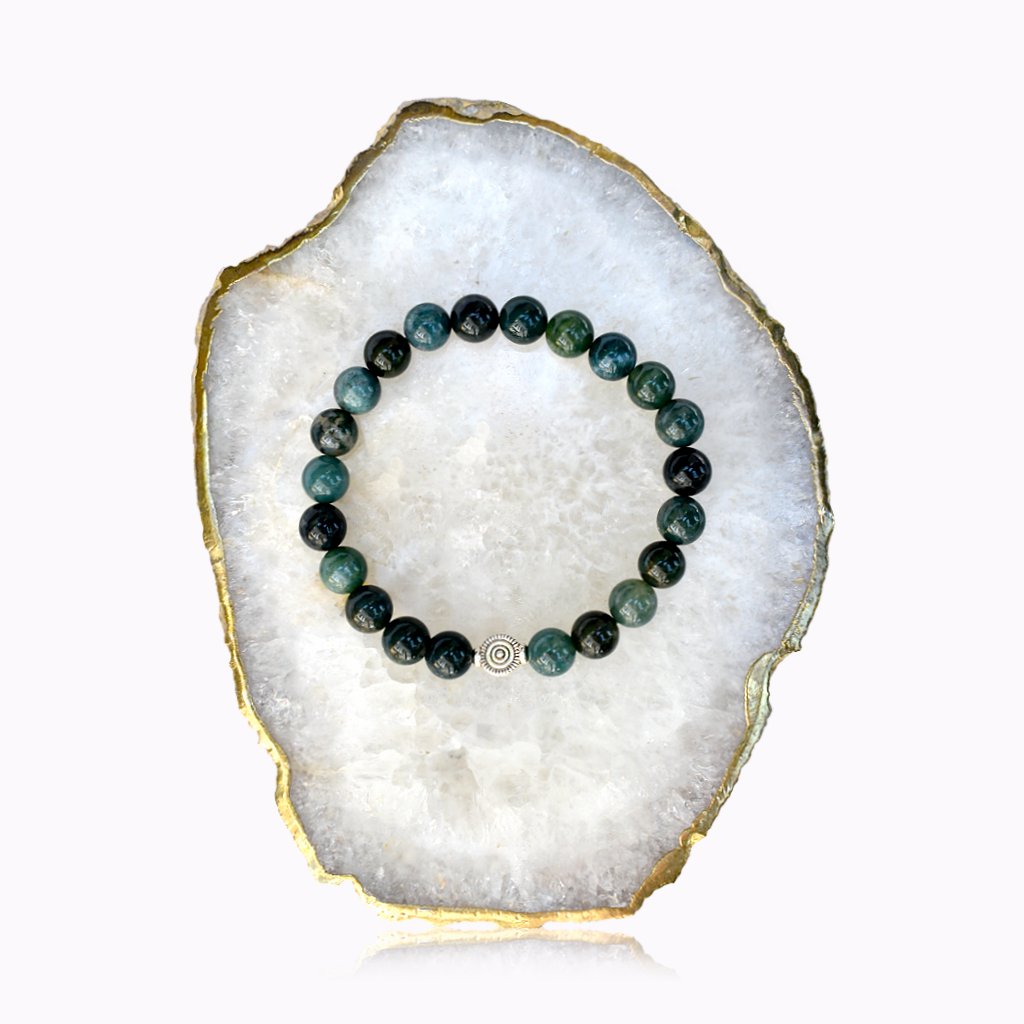 Moss Agate Silver Sun Bracelet Moss Agate bracelet with silver-coloured Sun detail