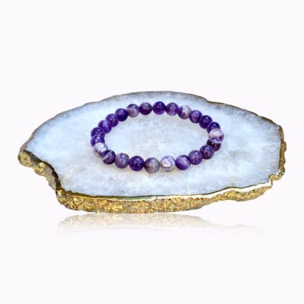 Handmade Ribboned Amethyst bracelet with white and violet 8 mm gemstone beads