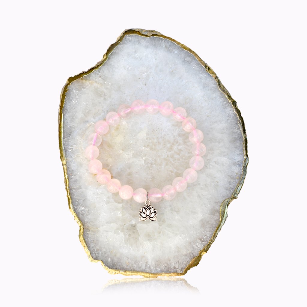Rose Quartz Lotus Bracelet Rose Quartz bracelet with silver-coloured Lotus detail