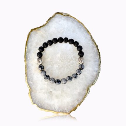 Lava and Snowflake Obsidian bracelet with silver-coloured Buddha detail