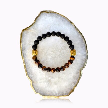 Tiger's Eye and Lava Stone bracelet with gold-coloured Buddha detail