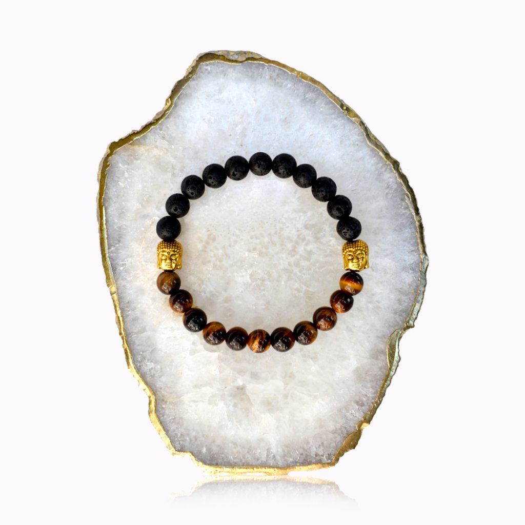 Tiger’s Eye & Lava Gold Buddha Bracelet Tiger's Eye and Lava Stone bracelet with gold-coloured Buddha detail