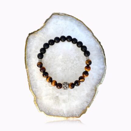 Tiger's Eye and Lava Stone bracelet with silver-coloured accents