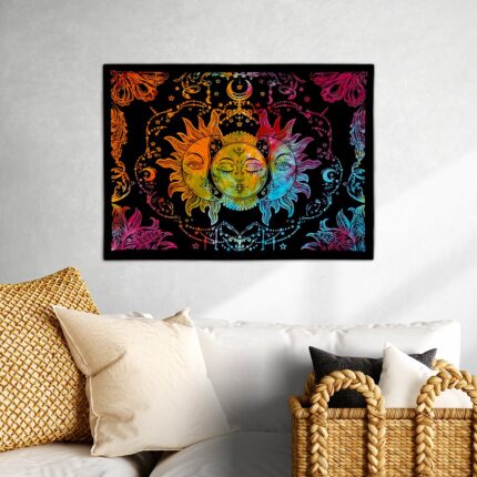 Colourful Sun and Moon design on blue cotton wall hanging