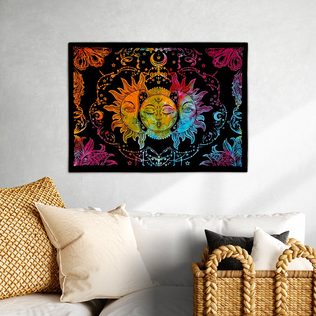 Celestial Sun and Moon Wall Art Colourful Sun and Moon design on blue cotton wall hanging